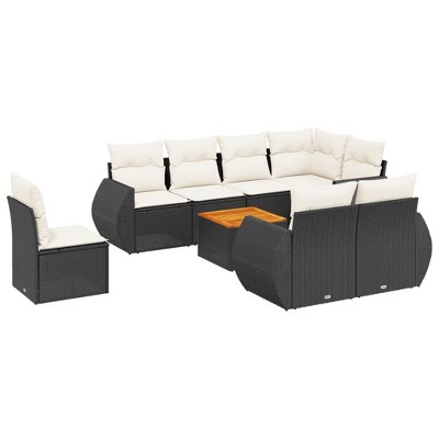 vidaXL 9 Piece Patio Sofa Set with Cushions Black Poly Rattan - Black and Cream Table + 3x Middle + Corner