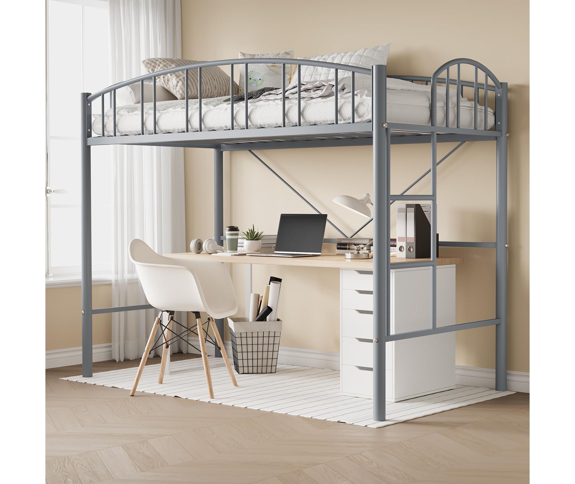 Loft Bed Twin Size, Heavy Duty Metal Loft Bed Frame with Arched Guardrail and Safety Ladder, Space-Saving, No Box Spring Needed, Grey