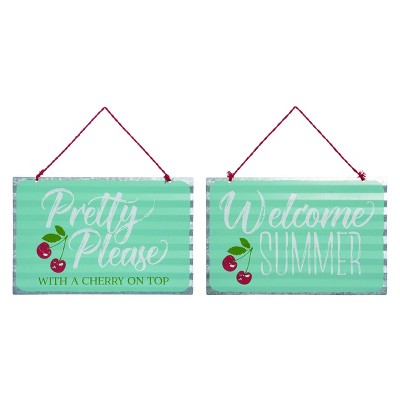 Transpac Tin Retro Cherries Sign Set of 2 Spring Home Decorations