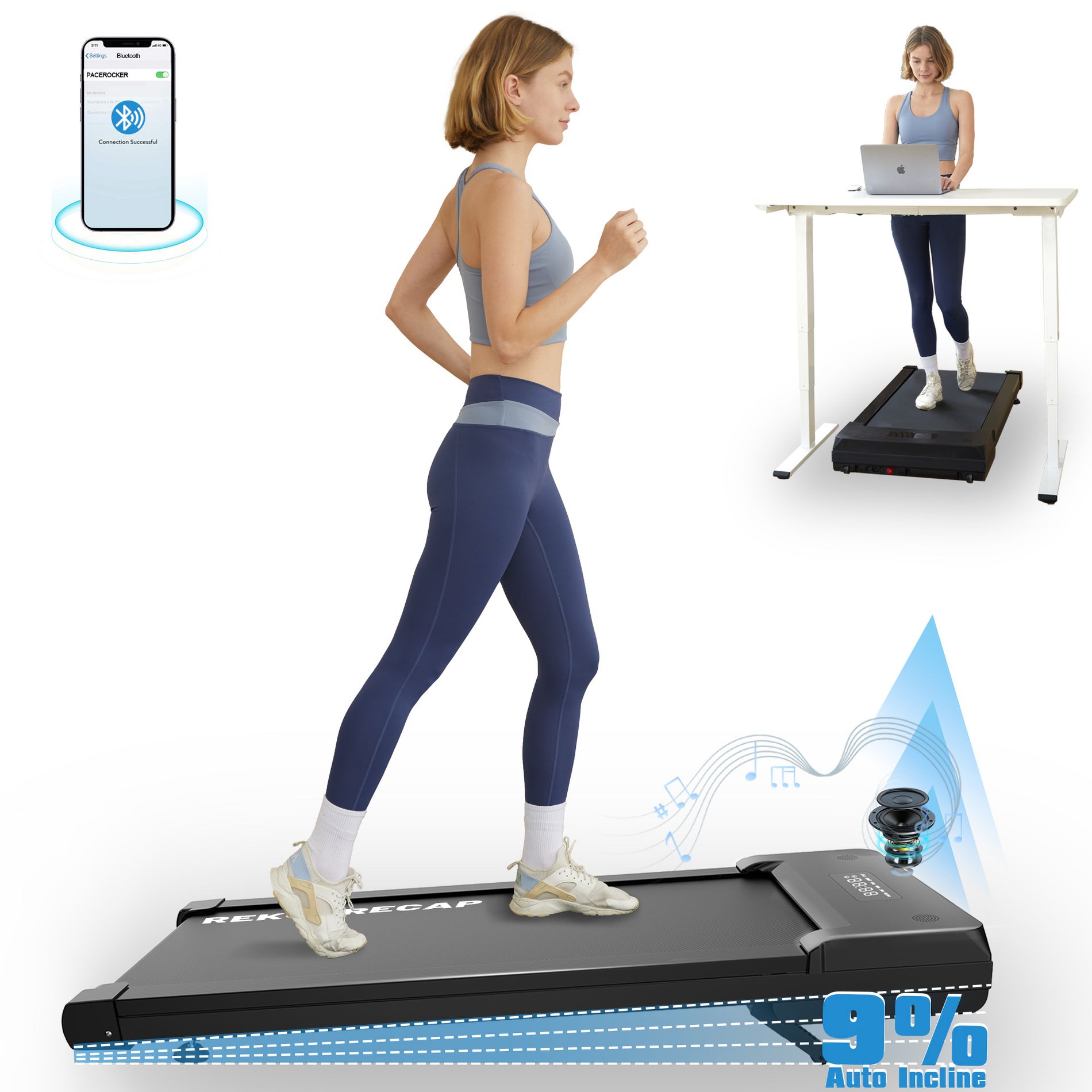 Walking Pad Treadmill with 9% 9-Level Auto Incline,450 lbs Capacity and HI-RES AUDIO Bluetooth Speaker for Home with Hiking Mode-PACEROCKER