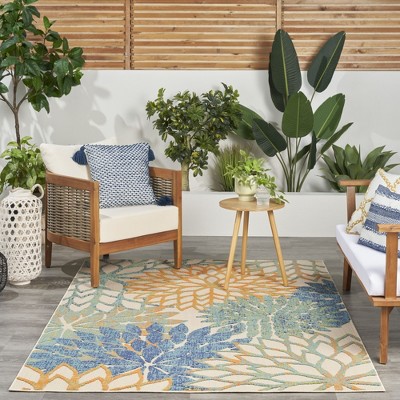 Blue Green Floral Synthetic Indoor Outdoor Rug, 5' x 7'