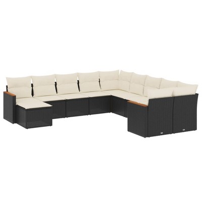 vidaXL 11 Piece Patio Sofa Set with Cushions Black Poly Rattan - Black and cream Without table