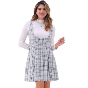 Allegra K Women's U Neck Plaid Tweed Mini Length Overalls Pinafore Dress - 1 of 4