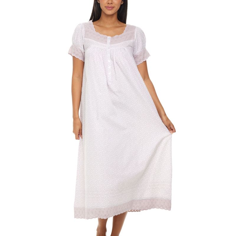 Women's Cotton Victorian Nightgown, Amelia Short Sleeve Lace Trimmed Button Up Long Vintage Night Dress Gown, 1 of 7