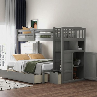 Streamdale Twin over Full/Twin Bunk Bed, Convertible Bottom Bed, Storage Shelves and Drawers, Gray