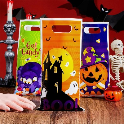 Joyfy 72 PCS Halloween Trick or Treat Goody Candy Bags, 4 Designs Plastic Snack Gift Bag Bulk for Kids, Classroom Party Favors Supplies