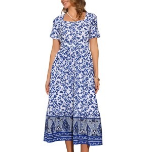 INSPIRE CHIC Women's Boho Floral Print Short Sleeve A-Line Midi Dress - 1 of 4