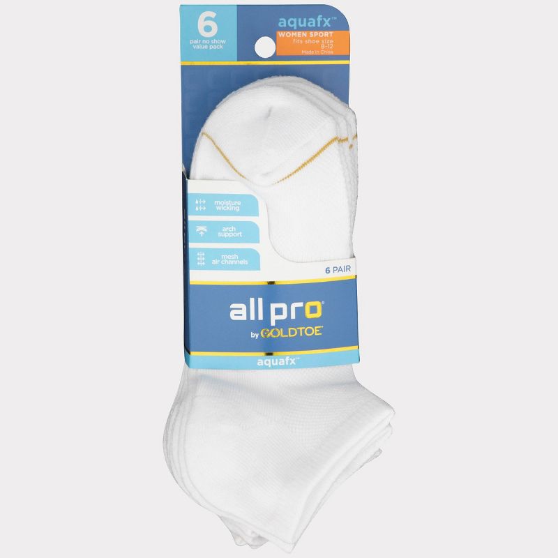 All Pro Women&#39;s Extended Size Aqua FX 6pk No Show Athletic Socks - White 8-12, 3 of 5