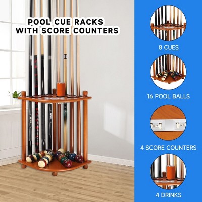 Oak Corner-Style Floor Stand Billiard Pool Cue Rack with Score Counters