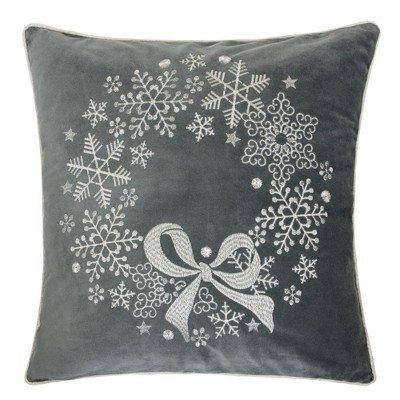 TopComfy Support Pillow Gray Velvet Holiday Throw Pillow with Snowflake Wreath Embroidery for Winter Decor, Gray, 17"*17"*10"