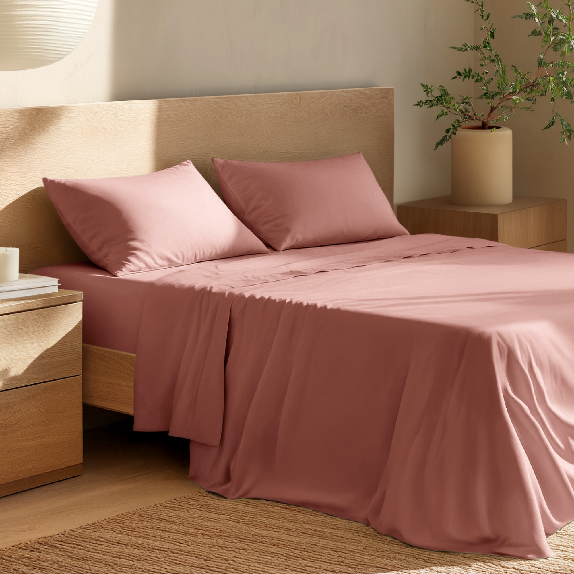 4 Piece 100% Organic Cotton Percale Cooling Sheet Set by Bare Home - Queen, Dusty Rose