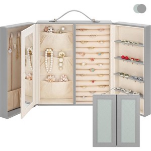 Travel Jewelry Box with Mirror and Handle, Portable Organizer for Stud Earrings, Rings, Necklaces and Bracelets, Gray & Tea Green - 1 of 4