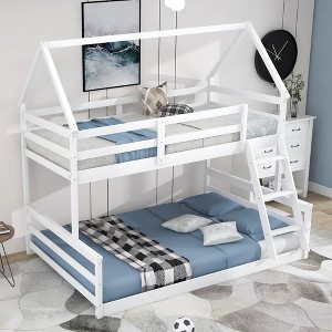 White Twin over Full House Bunk Bed with Built-in Ladder - 1 of 3
