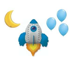 LOONBALLOON Space, Alien, Rocket Theme Balloon Set, 30 inch ROCKET - BLUE, Moon Foil and 3x latex balllons - 1 of 1