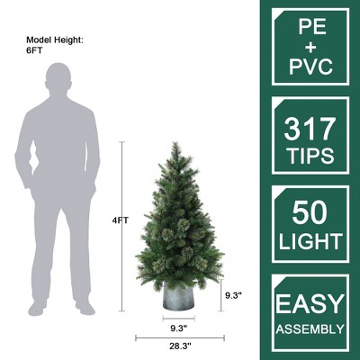 4' Green Pre-Lit Pine Christmas Tree with Metal Pot