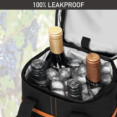 Insulated Black and Brown 4 Bottle Wine Tote Carrier