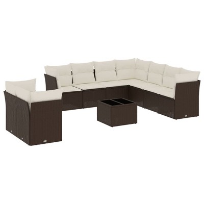 vidaXL 10 Piece Patio Sofa Set with Cushions Brown and Cream Poly Rattan - Without Table