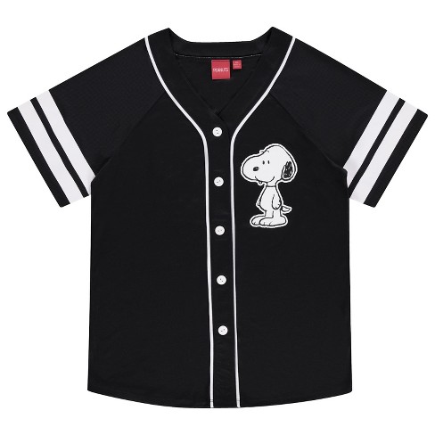 Ladies Peanuts Snoopy Baseball Jersey - Peanuts Snoopy Charlie Brown, Woodstock, Linus Mesh Button Down Baseball Jersey - image 1 of 4