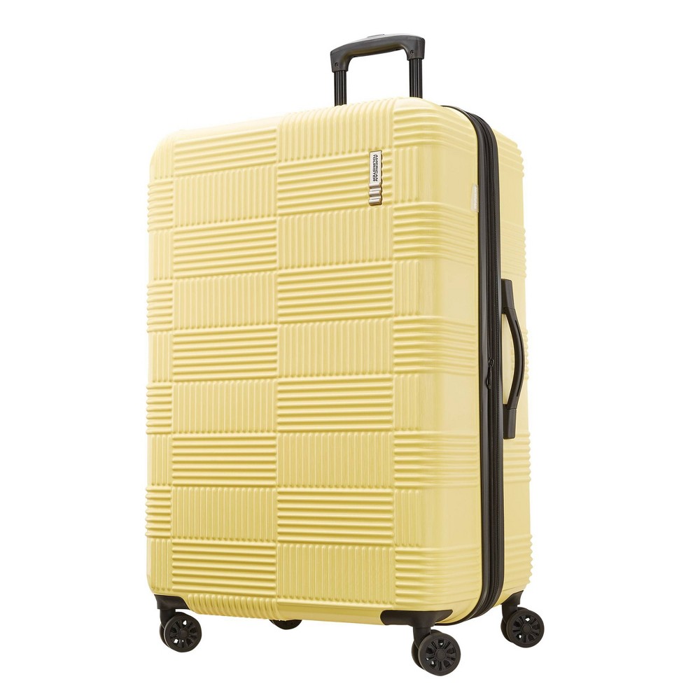 american tourister nxt hardside large checked spinner suitcase - yellow: 8-wheel durable abs