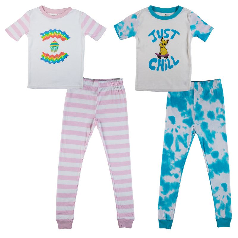 Just Chill Dog Blue Wash And Rainbow Dreams Short Sleeve Youth Girls 2-Pack Pajama Set, 1 of 7