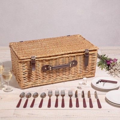 Newbury Wicker Picnic Basket with Navy and Burgundy Plaid Interior
