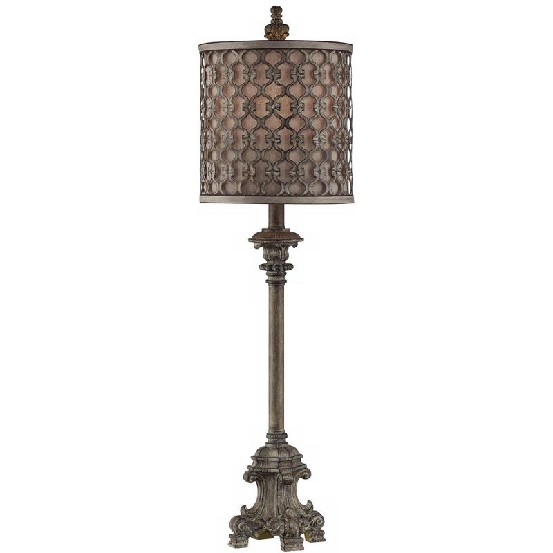 Regency Hill French Buffet Table Lamp Beige Scroll Metal Lattice Candlestick Framed Cylinder Shade for Dining Room, 1 of 8