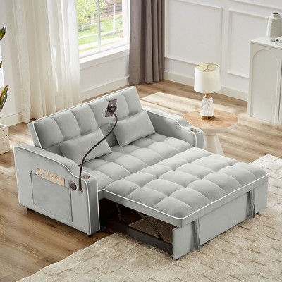 Runesay Modern Velvet Pull-Out Sofa Bed with USB Port, Ashtray and Swivel Phone Stand