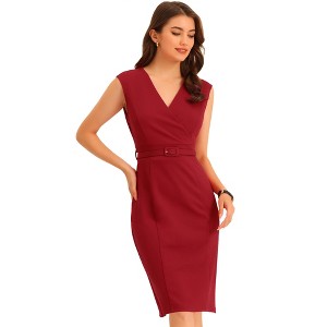 INSPIRE CHIC Women's Sleeveless V Neck Business Office Belt Pencil Dresses - 1 of 4