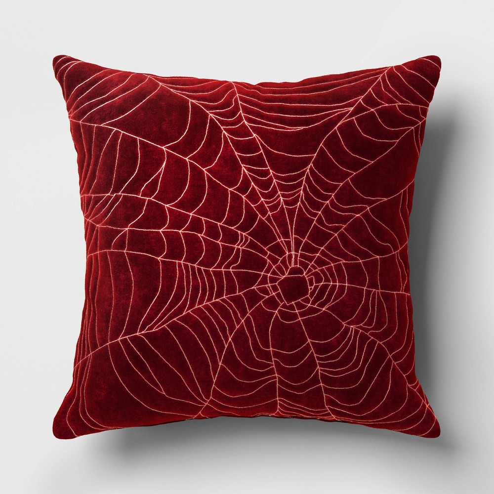 Photos - Pillow Square Embroidered Spider Web Velvet Throw  Garnet Red/Metallic Gold - Threshold™: Luxury Modern Decor