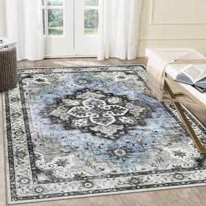 Boho Floral Vintage Faux Wool Washable Area Rug Ultra Thin Stain Resistant Pet Friendly Non Slip Accent Carpet for Living Room Bedroom Kitchen - 1 of 4