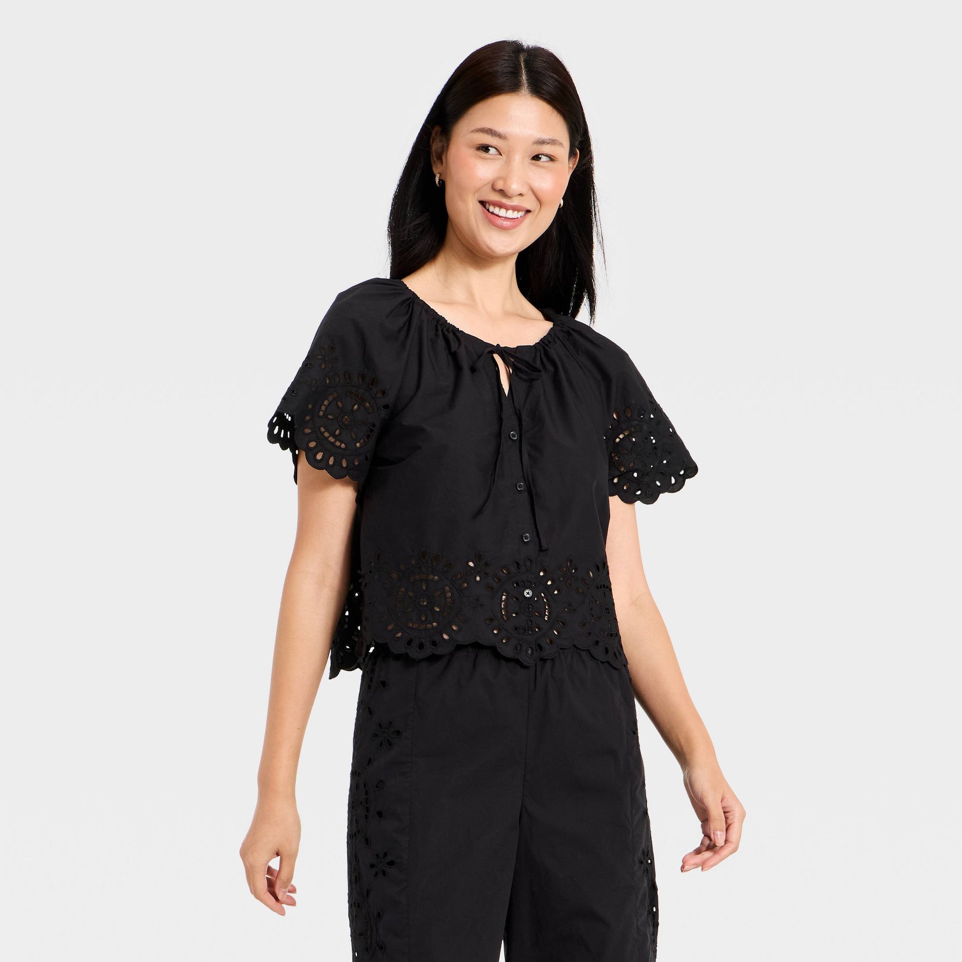 Women's Short Sleeve V-Neck Button-Front Eyelet Blouse - A New Day™