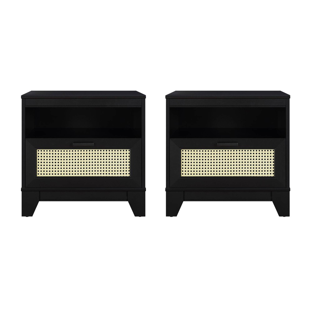 Photos - Bedroom Set Set of 2 Sheridan Modern Cane Nightstand with Drawer Black - Manhattan Com