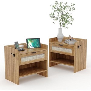COZONY Wicker Nightstand with Type-C Charging Station, Boho Bedside Table with Drawer and Open Compartment for Bedroom - 1 of 1