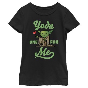 Girl's Star Wars Valentine's Day Yoda One for Me Black T-Shirt - 1 of 4