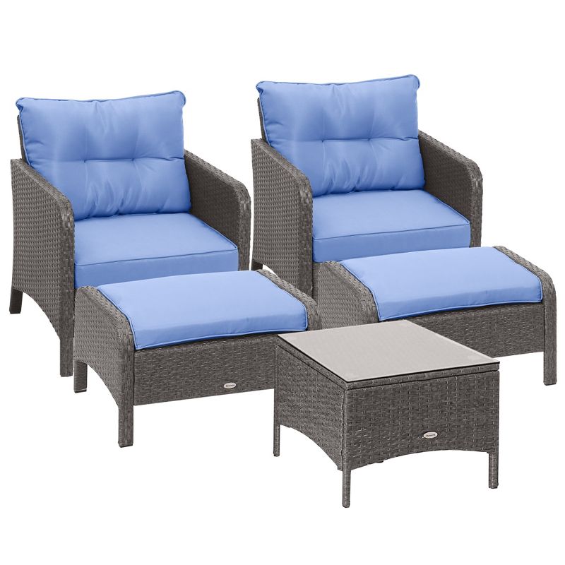Outsunny 5 Piece Rattan Wicker Lounge Chair, Outdoor Patio Conversation Set with 2 Cushioned Chairs, 2 Ottomans & Top Coffee Table, Blue, 4 of 7