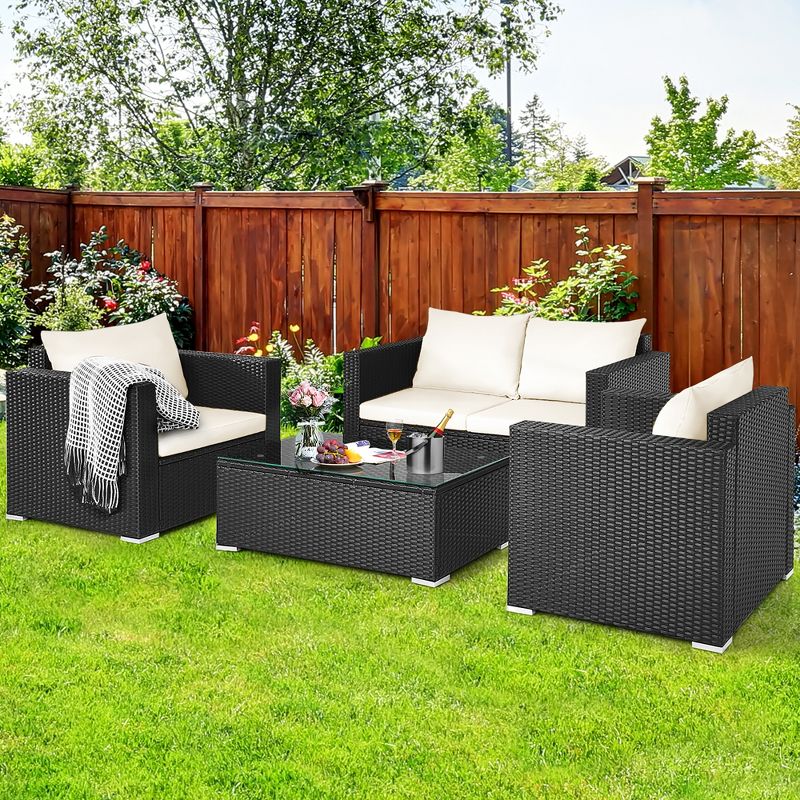 Costway 4PCS Patio Rattan Furniture Set Cushioned Sofa Chair Coffee Table Off White, 2 of 10