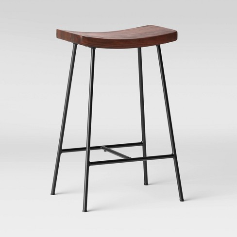 Arial Wood Saddle Seat With Metal Legs, Wood Bar Stools With Metal Legs