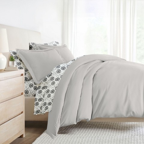 Becky Cameron 8PC Complete Bedding, Solid Duvet Cover, White Comforter and Patterned Sheet Set - Becky Cameron, Make a Wish Light Gray, Queen