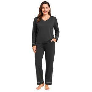 YafeMarte Women’s Super Soft Knit 2-Piece Long Sleeves Pajama Set with Contrast Design - 1 of 4