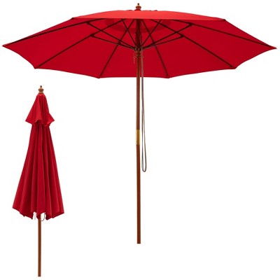 Tangkula 9.5 FT Rope Pulley Wooden Umbrella Market w/ Fiberglass Ribs Patio