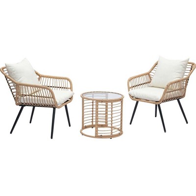 Ainfox 3 PCS Wicker Sofa Patio Bistro Set, Patio Furniture with Glass Top Table and Cushions