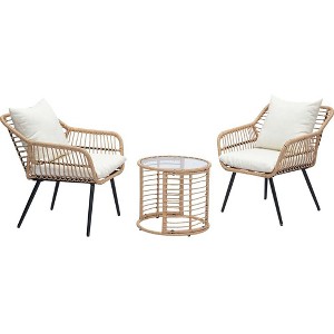 Ainfox 3 PCS Wicker Sofa Patio Bistro Set, Patio Furniture with Glass Top Table and Cushions - 1 of 4