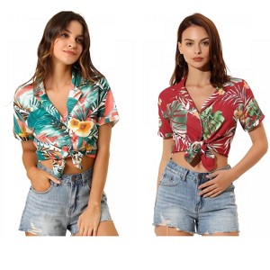 Allegra K Women's Hawaiian Floral Leaves Printed Short Sleeve Button Down Vintage Shirt 2 Pcs - 1 of 4