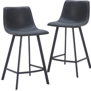 LeisureMod Elland Leather Bar Stool – Modern Counter Height Stool with Black Stainless Steel Legs for Kitchen Island or Home Bar Set of 2 - 1 of 4