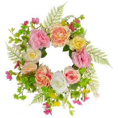 Northlight Rose and Peony Artificial Floral Spring Wreath, Pink and Yellow - 22-Inch