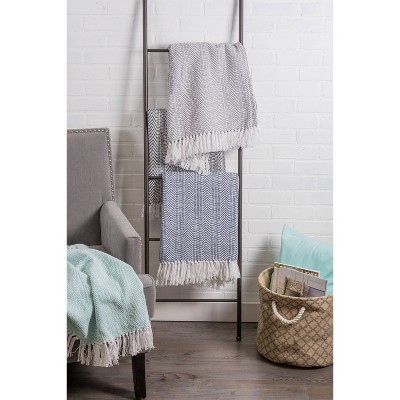 Chic Herringbone Stripe Cotton Throw with Sherpa Backing, 50"x60" - Black