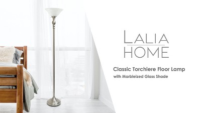 Antique Brass Torchiere Floor Lamp with Marbleized Glass Shade