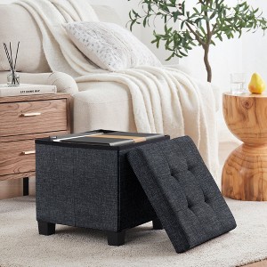 Ornavo Home Foldable Tufted 15 Inch Square Linen Storage Ottoman with Legs - 1 of 4