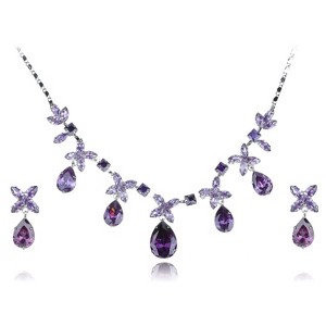 Anna-Kaci Women's Floral Statement Necklace and Earring Set with Purple Crystal Accents, Silver Tone, Adjustable Chain, Elegant Design - Abstract - 1 of 4