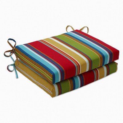 Westport 2-Piece Squared Edge Seat Cushion Set - Pillow Perfect: Weather-Resistant, Festival-Style Stripe Design, Ties & Zipper Closure